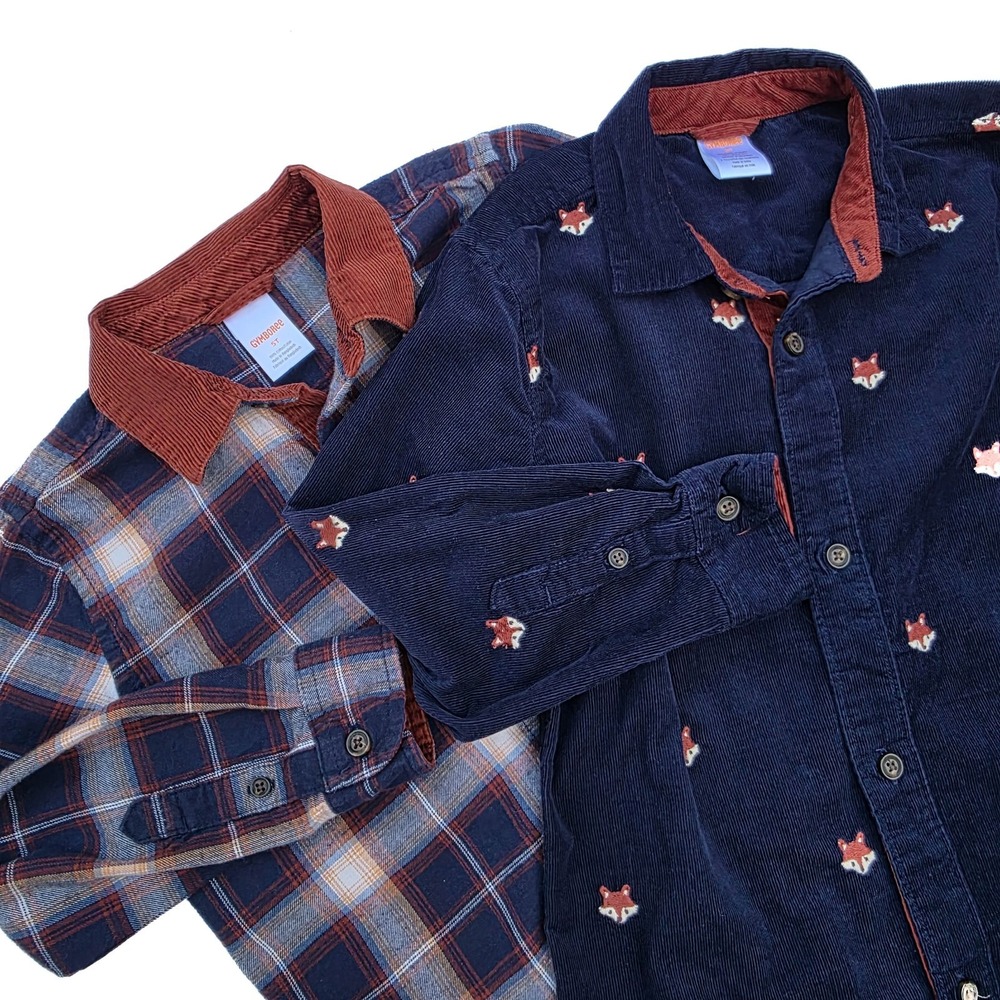 Gymboree Boys 5T Shirt Lot Corduroy Fox Embroidered Plaid Flannel 2 Pc